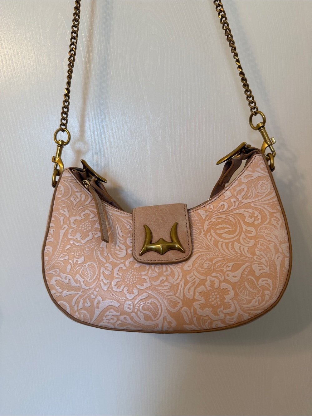 Loyal West Pink Embroidered Leather Crossbody Bag with Gold Chain Strap